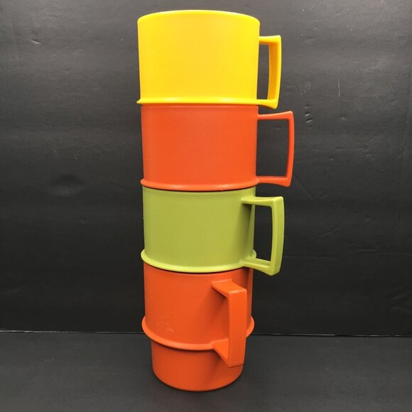 Vintage Set 4 1970s Tupperware Stacking Camp Mugs Cups 1312 Orange Yellow Green - Picture 1 of 15